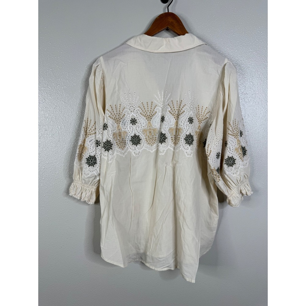 Democracy Womens XL Cream Eyelet Embroidered Boho Button Front Top B7020D3E - Picture 2 of 6